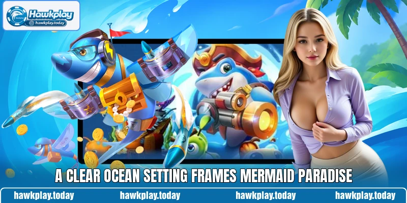 A clear ocean setting frames Mermaid Paradise A clear ocean setting frames Mermaid Paradise